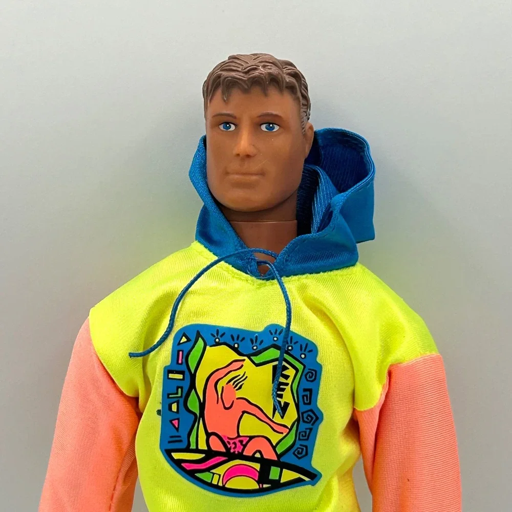Vintage 2001 Barbie Ken Male Doll Neon Surfer Hoodie & Shorts Set Blue Eyes